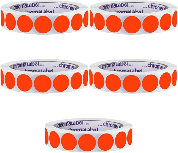 ChromaLabel 3/4 Inch Round Colored Stickers, High Visibility Removable Color Coding Labels, Easy to Write On Dot Stickers - 1000 Colored Sticker Dots per Roll, Fluorescent Red-Orange - Case of 5