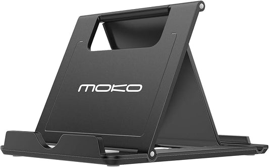 MoKo Phone/Tablet Stand, Foldable Desktop Holder Fit with iPhone 17/17 Air/17 Pro/17 Pro Max, iPhone 16/Pro/Pro Max/Plus, iPhone 15/Pro/Pro Max/Plus, iPhone 14/Pro/Pro Max/Plus,Steam Deck,Black(Large)