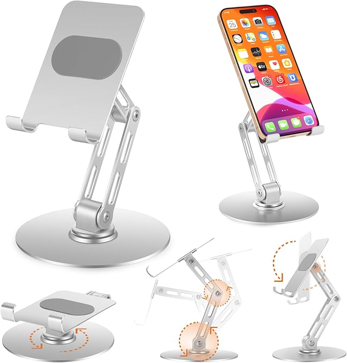 Foldable Desktop Phone Stand for Desk with Adjustable Height up to 6.7inch/17cm Sturdy 360° Rotating Desktop Holder for 4-11 Inch Cell Phones/Tablets, Aluminum Alloy/Carbon Steel Base