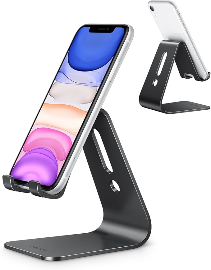 OMOTON Upgraded Aluminum Cell Phone Stand, C1 Durable Cellphone Dock with Protective Pads, Smart Stand Designed for iPhone 17 Air, 16/15/14/13 Pro Max XR XS, iPad mini, Android Phones, Black