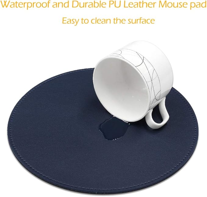 ProElife Premium Cute Round Mouse Pad Mat Waterproof PU Leather 8.66-Inch Mousepad with Anti-Skid Base Stitched Edge for Home Office Gaming Computer Laptop Accessories (Blue)