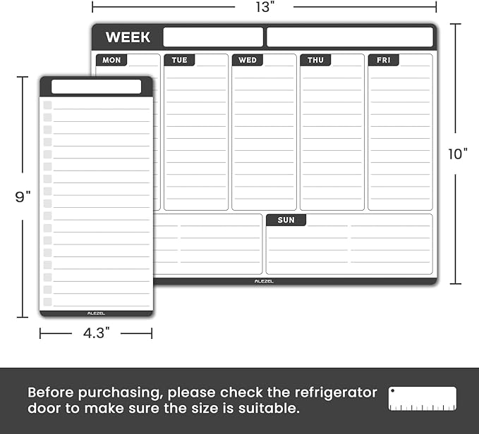 Weekly Dry Erase Board for Refrigerator, Magnetic Weekly Calendar Planner for Fridge, Set of Magnetic Weekly Calendar & 2 List Whiteboards, 4 Markers + Eraser