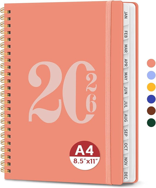 2026 Planner, Weekly and Monthly Calender Planner, Jan 2026 to Dec 2026, Hardcover 2026 Calendar Book with Tabs & Inner Pocket, Office Home School Supplies for Women & Men - A4 (8.5" x 11"), Coral