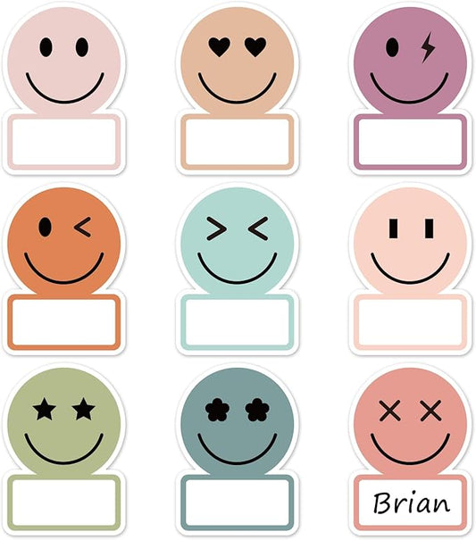 Whaline 135Pcs Boho Smile Face Name Tag Stickers 9 Designs Nameplate Stickers Cute Classroom Bulletin Board Decoration Label Stickers for Office School Desk Wall Decor