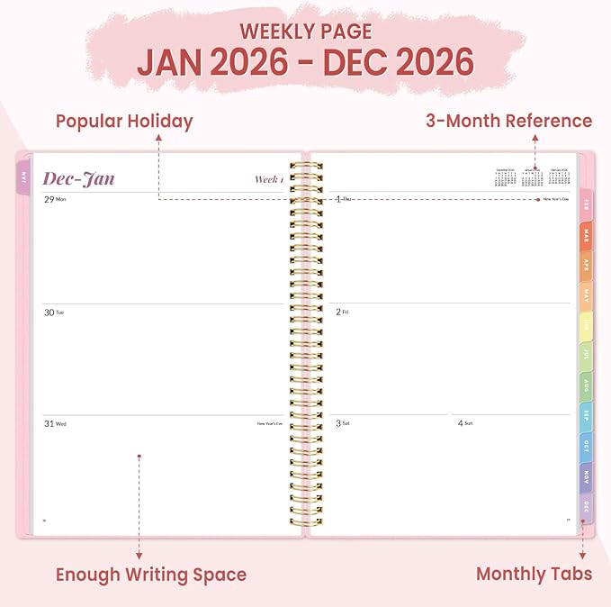 2026 Planner, Annecy Weekly ＆ Monthly Planner 2026, Jan. 2026 – Dec. 2026, 8.5" x 11" Monthly Agenda Planner with Tabs, Waterproof Flexible Cover, Spiral Binding, Double-sided Pocket, Bookmark, Pink