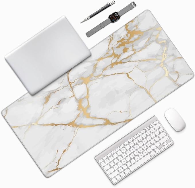 White and Gold Marble Mouse Pads XXL Extended Mousepad with Stitched Edges Non-Slip Rubber Base Computer Keyboard Pad Desk Mat for Home Office Desk Decor, 35.4" X 15.7"