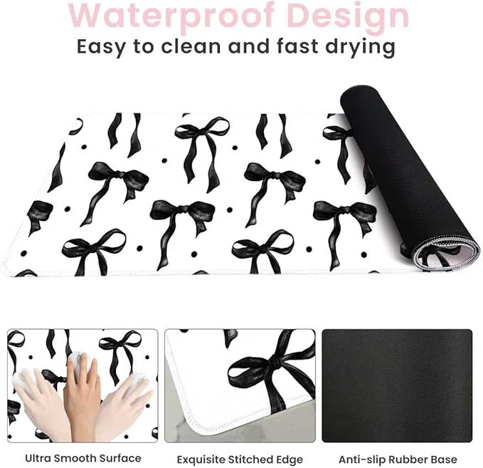 Black Bow Mouse Pad Large, Desk Mat Black and White Desk Computer Mat, Non-Slip Rubber Base Gaming Mousepad Keyboard Mat Laptop Pad, Desktop Mat Bows Office Accessories Desk Decor 23.6 x 11.8in