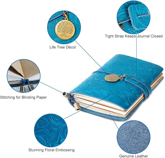 Refillable Leather Journal, Handmade Blue Leather Notebook with Bookmark for Men & Women, Vintage Notepad Sketchbook Perfect for Writing, Gifts, Travelers (Blue, Passport)
