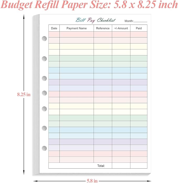 Payment Checklist Refills Paper for Mini 3 or 7 Ring Binders - 50 Sheets/100 Pages Colorful Monthly Budget Forms, 7 Hole Punched/Desk Size 4, 100 gsm White Paper, 5.8" x 8.3"