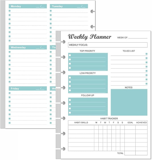 Junior Size Undated Weekly Planner Refills - 8-Disc 53 Sheets/106 Pages Weekly Planner for Half Letter Size, 100 gsm White Paper, Lasts 1 Year, Undated, 5.8" x 8.3", Teal