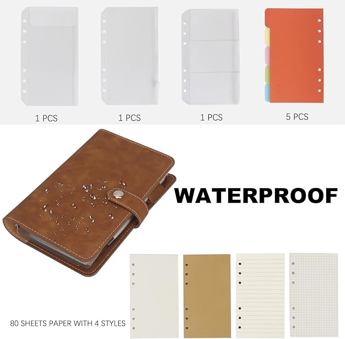 FYY A6 Binder Refillable Planner Notebook 6 Ring PU Leather Binder Journal with Pockets, Dividers, Refill Paper Brown