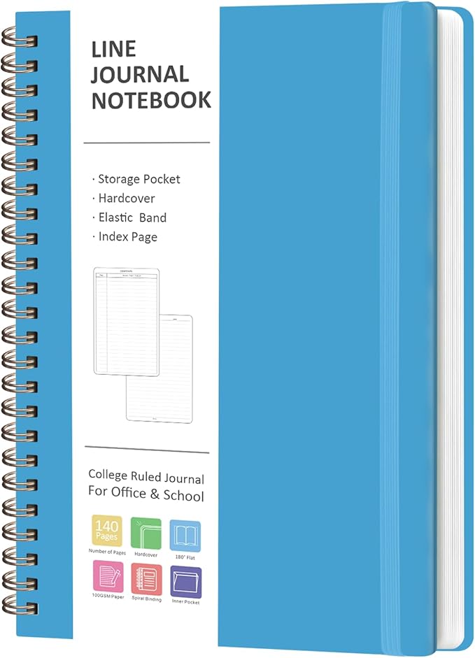 VALOME Journaling Notebooks, A5 Lined Spiral Notebook for Women & Men, 146 Pages College Ruled Hardcover Note Book for Work, Note Taking, Journaling, School, Writing (Bright Blue)