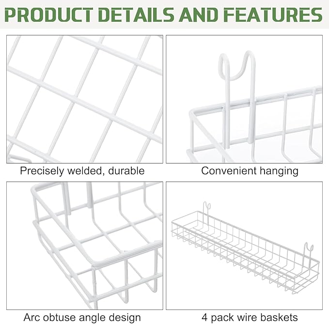 4 Pack 15.75 x 6 x 2.36 Inch Metal Grid Wall Baskets with Hooks, Hanging Wire Grid Basket, Multi-Function Wall Mounted Organizer for Kitchen Organizing Display, White