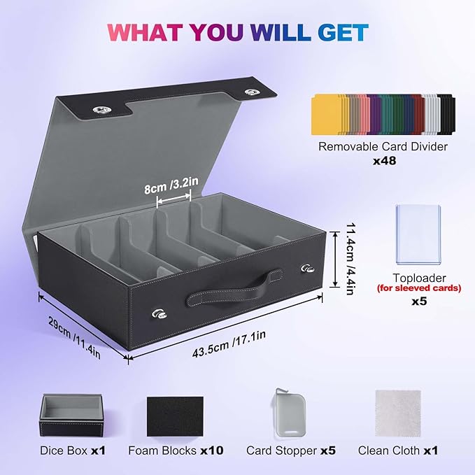 Trading Card Storage Box with Commander Display, 5 Row Magic Card Box with Handle & Aluminum Alloy Locking for 3900+ Unsleeved Cards Suits for MTG PTCG TCG Sports Cards (Black Gray)