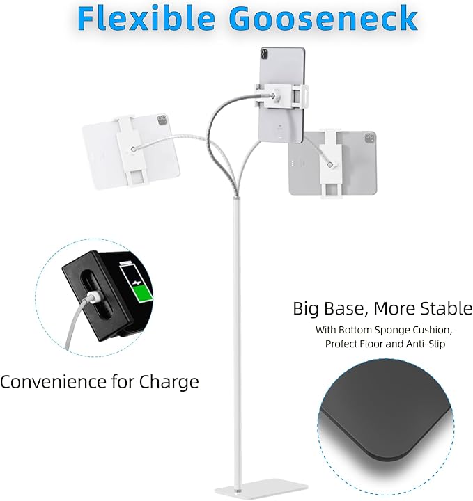 Tablet Floor Stand Holder with Flexible Gooseneck and Stable Base, Compatible with Tablet and Cell Phones (3.5''-9.7''), White