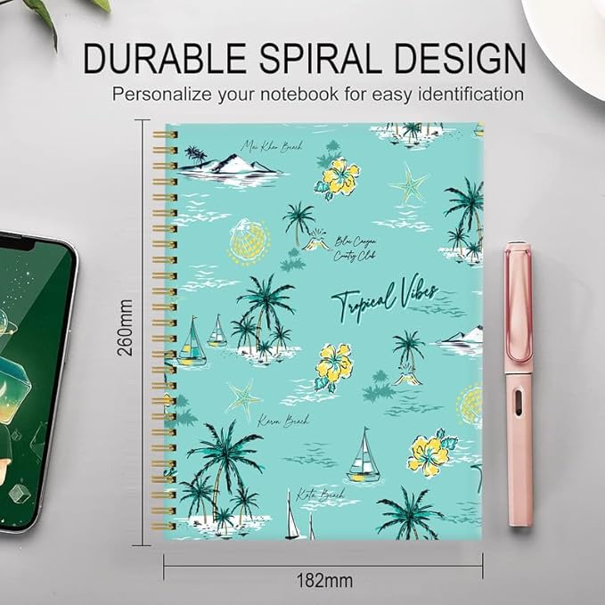 Spiral Journal Notebook for Women,A5 College Ruled Notebooks 6"x 8.4", 120 Pages (60 Sheets) Lined Journal with Premium Thick Paper,Perfect for School Office Home(Tropical Beach)