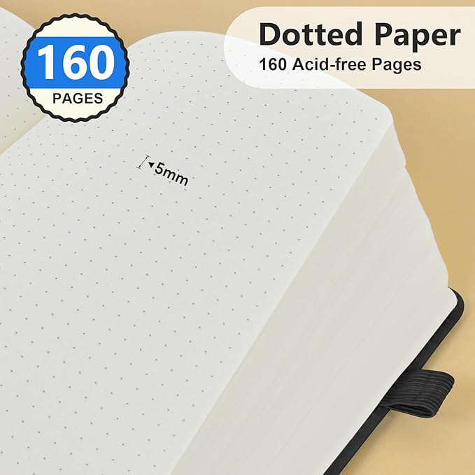 Dotted Journal Notebook for Men & Women, 160 Pages Dot Grid notebook for Note Taking, Bullet Journaling Notebook for Work, School, Travel, Writing, A5 Hardcover 5.9" x 8.5" (Black)