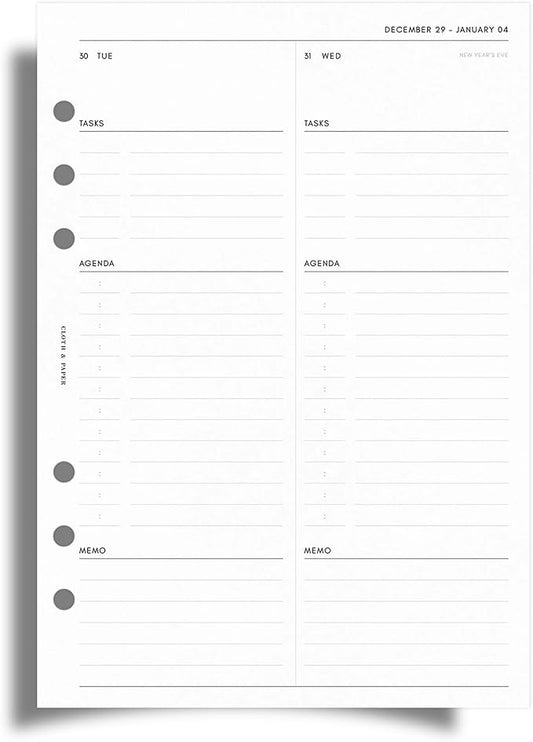 Cloth & Paper 2026 Dated Daily Planner Inserts - Monday Start | A5 Size 5.8 x 8.3 Inches | 6 Ring Planner Refills | 2 Days Per Page | Minimalist Daily Organizer Pages | Heavyweight Paper