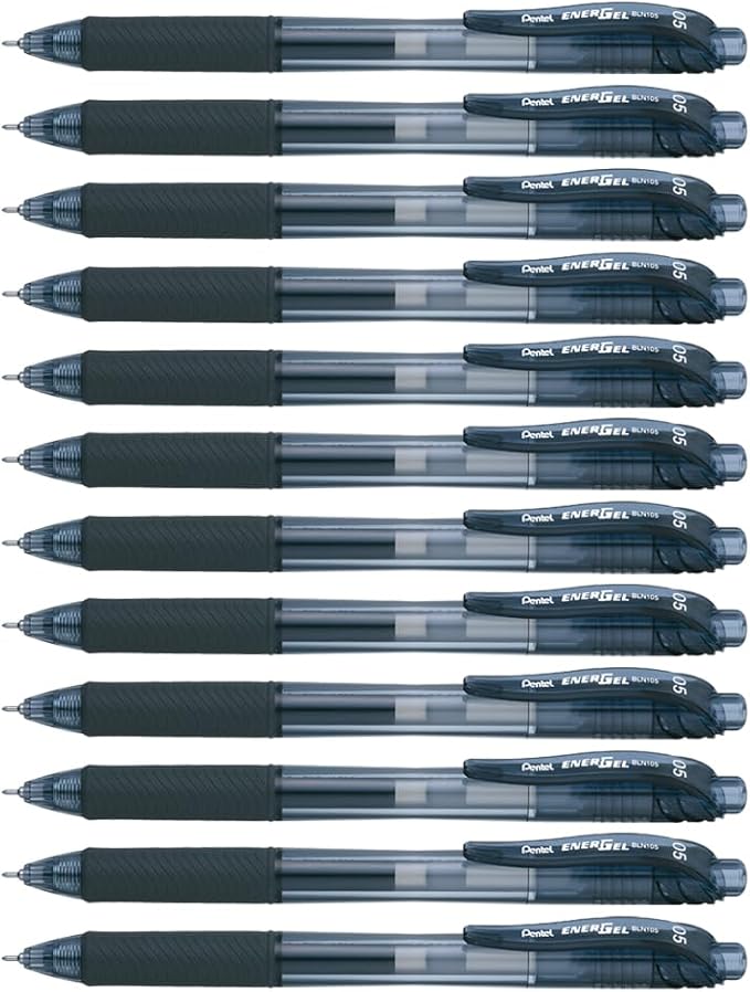 Pentel EnerGel-X Retractable Liquid Gel Pen 0.5mm Needle Tip Black Ink, Box of 12 (BLN105-A)