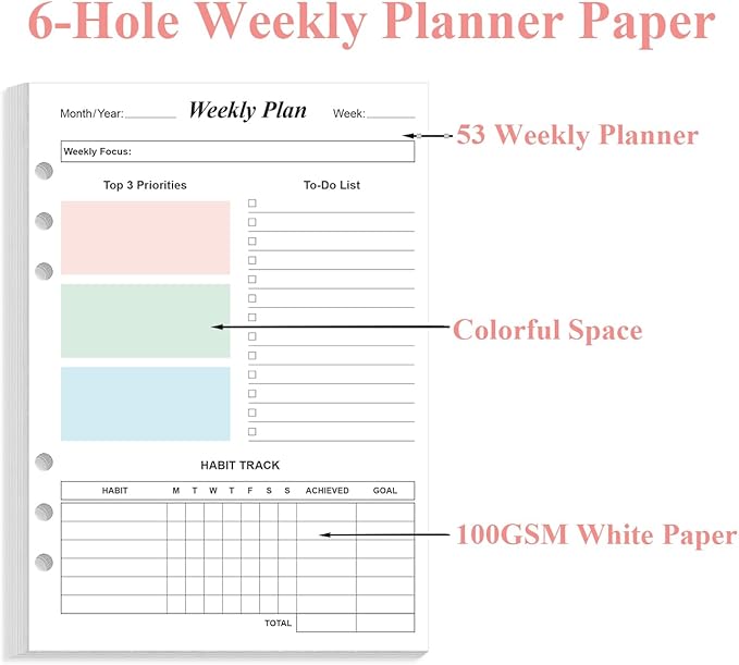 (2-Pack) Weekly Planner Refills for A5 Binders - 106 Sheets/212 Pages Undated Colorful Weekly Planner, 6-Hole Punched, 100 gsm White Paper, Lasts 1 Year, Undated, 5.8" x 8.3"