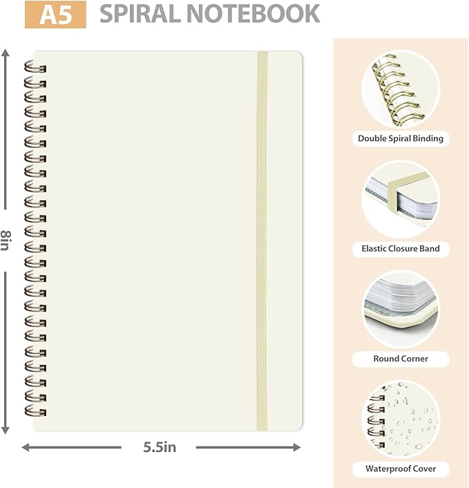 VALOME Journaling Notebooks, A5 Lined Spiral Notebook for Women & Men, 146 Pages College Ruled Hardcover Note Book for Work, Note Taking, Journaling, School, Writing (Beige)