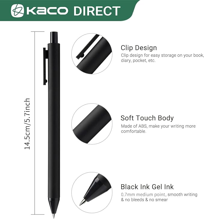 Kaco PURE Gel Pens Black Ink 0.7 mm Medium Point, 10 Pieces Set, Original Design, Quick Drying Aesthetic Note Taking Pens Office Supplies Cute Stationery Low Center of Gravity