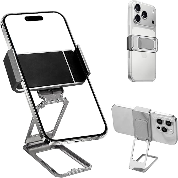 New Three Folds Clip Type 360° Folding Bracket, Travel Cell Phone Stand,Back Clip Foldable Phone Holder, Adjustable Cell Phone Stands Compatible with All Types Smartphones(Silver)