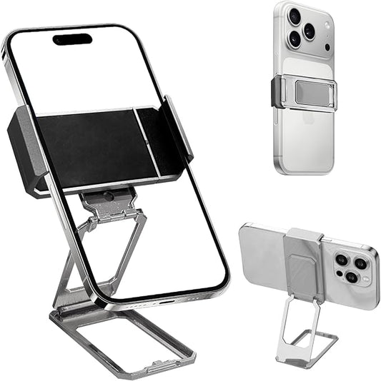 New Three Folds Clip Type 360° Folding Bracket, Travel Cell Phone Stand,Back Clip Foldable Phone Holder, Adjustable Cell Phone Stands Compatible with All Types Smartphones(Silver)