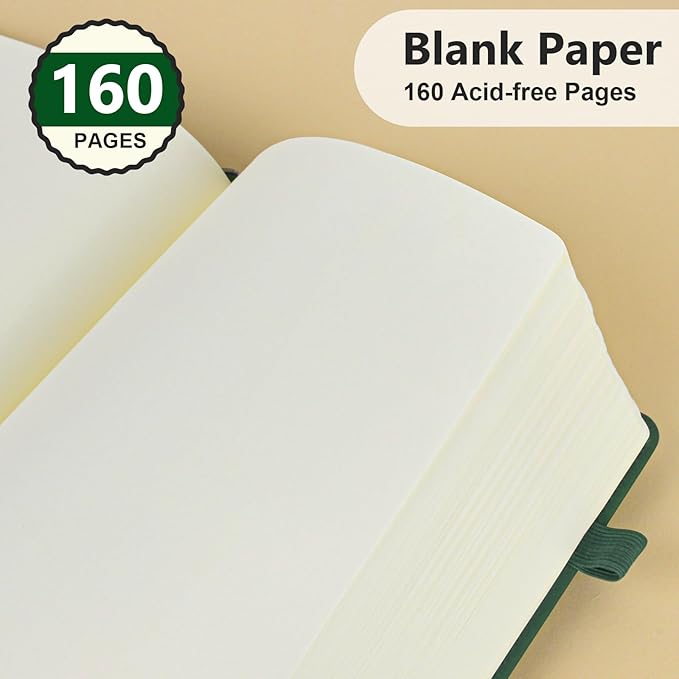 Blank Journal Ntebook for Men & Women, 160 Pages Blank Journals for Writing, Drawing,Sketch Book,5.9" x 8.5" Leather Sketchbook, Unlined Notebook for Work, School, Art (Green)