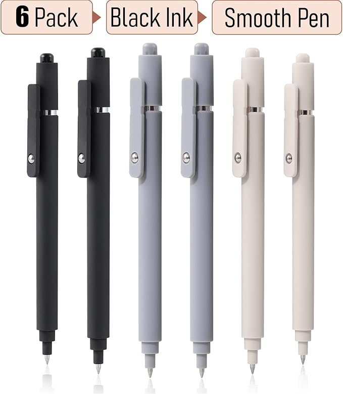 RIANCY Gel Pens 0.5mm Black Ink Ballpoint Aesthetic Beige Black Gray White Fine Point Smooth Writing Pretty Cute Fancy Desk Accessories Gifts for Women Men Nurse Journaling Office School Supplies 6Pcs