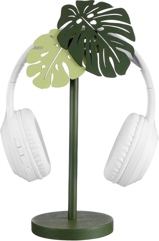 Yookeer Monstera Headphone Stand Cute Headphone Stand Decorative Palm Leaves Wood Desk Decor for Gamer Room Office Desk Gaming Gifts for Girlfriend Office Worker