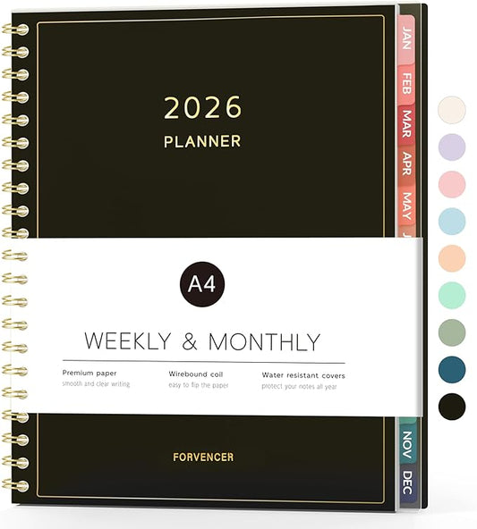 2026 Planner, Forvencer Calendar Planner Weekly and Monthly (Jan 2026-Dec 2026), 8.5" X 11", Agenda Book, Daily Journal Notebook with Tabs, Flexible Cover, Home School Organizer, A4, Black