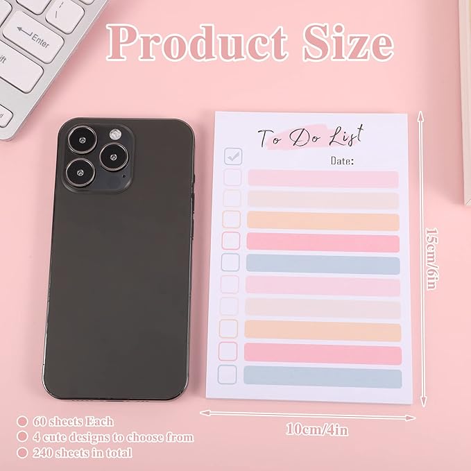 4 Packs to Do List Notepad, 200 Sheets Daily to Do List Sticky Notes 4x6Inches Memo Pad Pastel Candy Color Portable Planner for Coworkers Funny Office Gifts