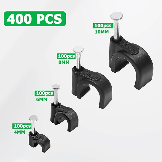 400pcs Cable Clips, 4mm 6mm 8mm 10mm Half Clamp J-Hook with Nail, Nail in Cable Clips Ethernet Cable Nails Tacks Clips, Black