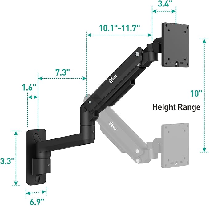 WALI Monitor Wall Mount for 17-49 Inch Ultrawide Screens, Heavy Duty Single Monitors Mount Holds 44 lbs, Full Adjustable Gas Spring Wall Mount Monitor Arm, 75x75/100x100mm VESA (GSWM001XL-P), Black