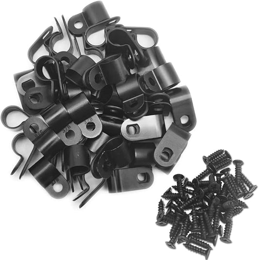 Cable Clamp R-Type Cable Clip Wire Clamp 3/8" Nylon Screw Mounting Cord Fastener Clips with Screws for Wire Management - Black - 50 Pcs