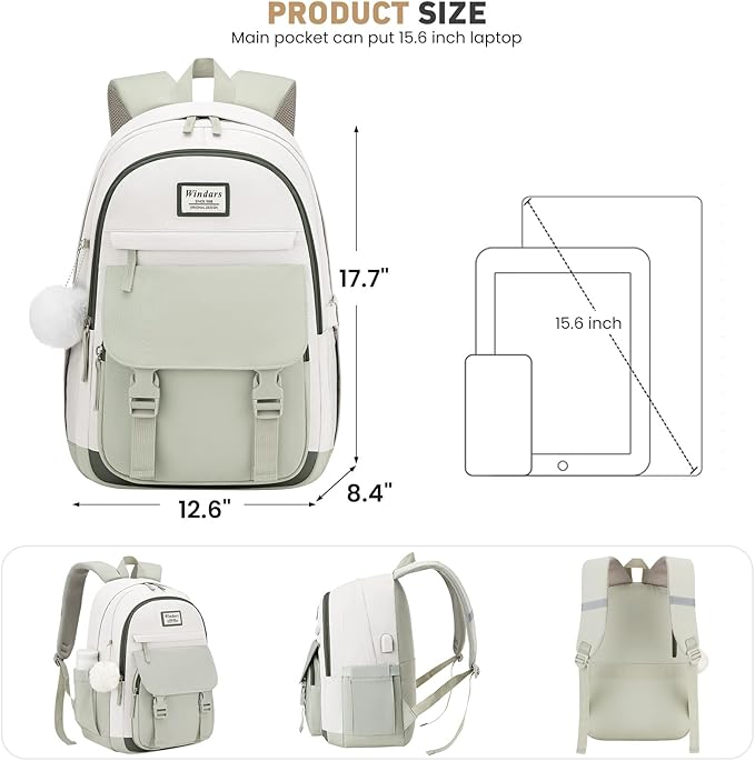 School Backpack for Teen Girls, Cute College Backpacks for Women Students Aesthetic Bookbag Large 15.6 Inch Laptop Bag Middle School Travel Back Pack (Beige-Green-Dark Olive Green)