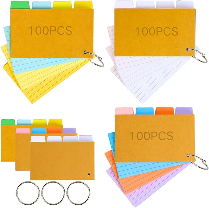 Tabbed Index Cards with Ring 3x5, Lined Colored Flash Card with Tabs, Assorted Colors Thicken Notecards School Supplies for Students Study Note Office Essentials (ColorA+ColorB+White, 300PCS)
