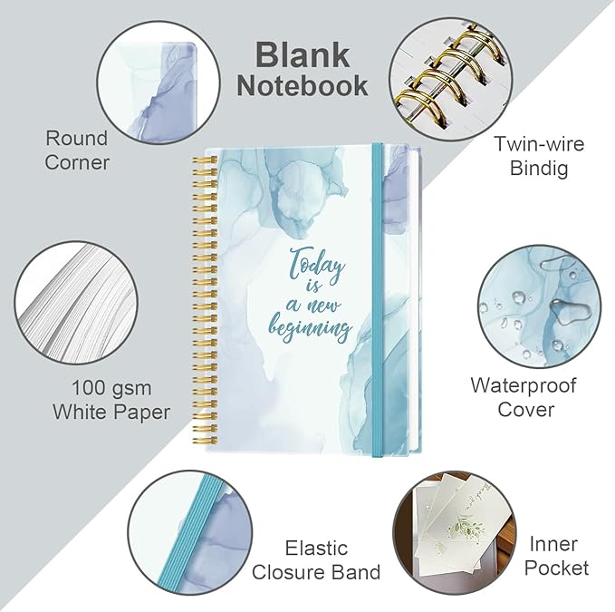 Heveboik A5 Blank Notebook - 70 Sheets/140 Pages Blank Paper Notebook, 100 GSM Thick White Paper, 5.8" x 8.3" Spiral Blank Journal, Blue Watercolor