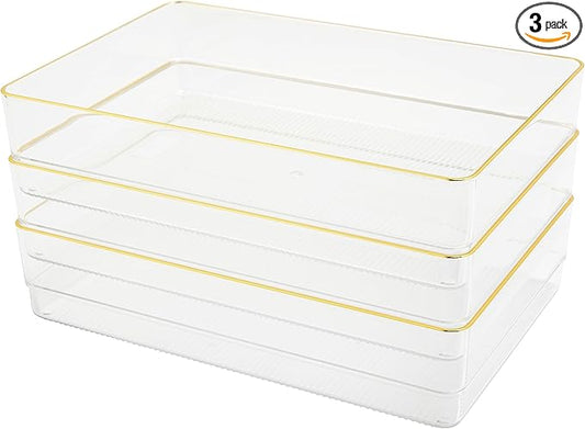 Martha Stewart Kerry Plastic Stackable Office Desk Drawer Organizers, 9" x 6", 3 Pack, with Gold Trim