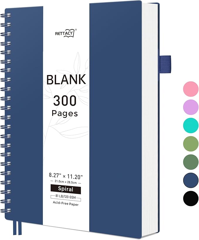 RETTACY Blank Journal Notebook, 300 Pages, A4 Large Size (8.2'' x 11.2''), 120 GSM Thick Paper, Flexible Plastic Cover, Spiral-bound, for Sketching, Drawing, Painting (Navy Blue)