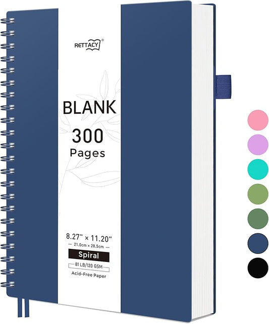 RETTACY Blank Journal Notebook, 300 Pages, A4 Large Size (8.2'' x 11.2''), 120 GSM Thick Paper, Flexible Plastic Cover, Spiral-bound, for Sketching, Drawing, Painting (Navy Blue)