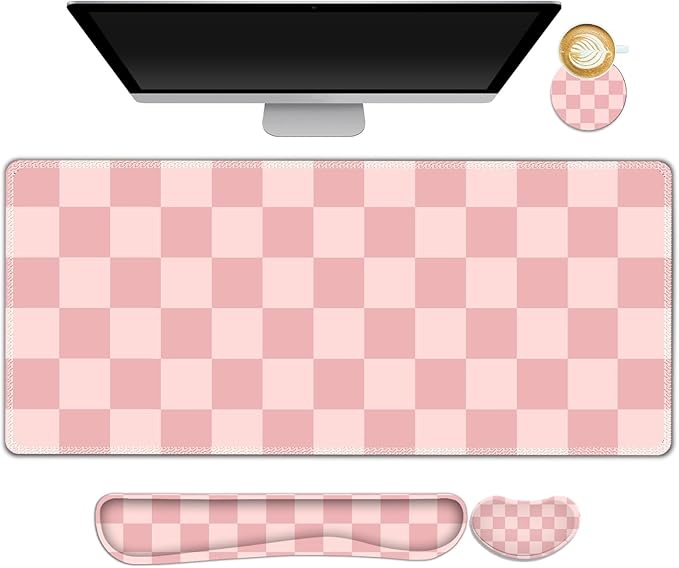 Soft Pink Checkerboard Mouse Pad Set, 4 in1 Ergonomics Keyboard Desk Mat with Memory Foam Wrist Rest, Extended Game Mousepad, Non-Slip Large Gaming Desk Pad Matt Easy Typing Pain Relief