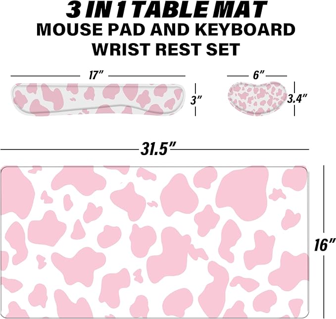 3Pcs Large Gaming Mouse Pad Desk Mat,Keyboard Mouse Wrist Rest Support Set,Extended Laptop Mouse Pad Memory Foam Non-Slip Base for Gamer Home Office(31.5x15.7in)-Pink Cow Pattern