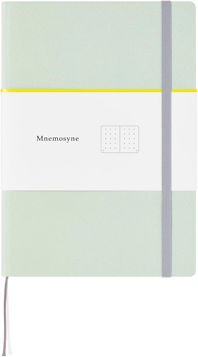 Maruman Mnemosyne Dot Grid Journal- A5, 8.5" x 6.02", 120 Sheets / 240 Pages, 5mm Doted Notebook, Book-bound With Premium Mint Green Hardcover, Includes Bookmark & Elastic Closure, Made in Japan