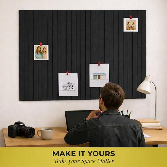 – Felt Wall Tiles 11.8"x11.8", Decorative Felt Boards, Pin Boards with Level & Adhesive Tabs, Bulletin & Photo Board for Office, Dorm, Classroom, Home (Set of 12) – Black