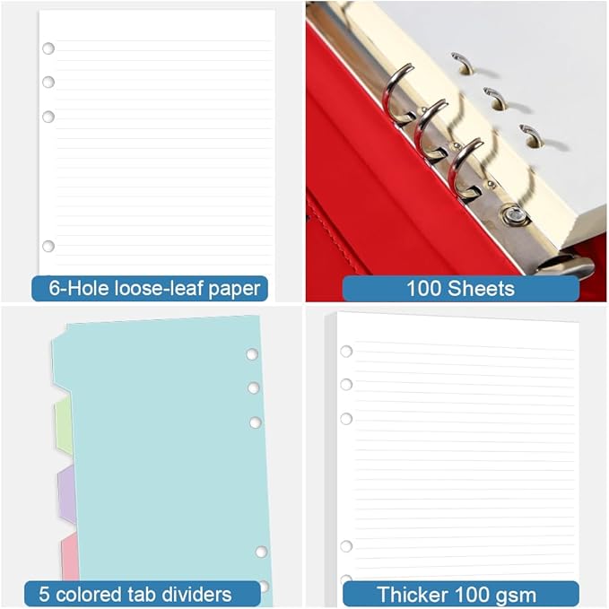 Personal Size Lined Paper, Planner Inserts,100 Sheets 6mm Line Spacing Paper, 5 Colored Dividers, 6 Hole Punched, Narrow Ruled,Loose Leaf for Pocket Planner, Mini Binder, Journal,171x95mm / 6.7"x3.7"