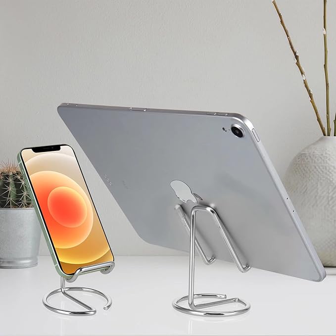 Cell Phone Stand for Desk, Cute Metal Silver Cell Phone Stand Holder Desk Accessories, Compatible with All Mobile Phones, iPhone, iPad