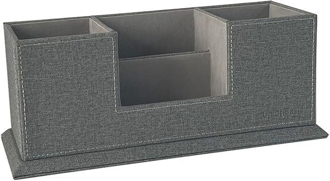 UnionBasic Desk Organizer, Desktop Caddy Leather Multi-compartment Pen Holder Office Stationer Organizer, Multi-Color (Grey Linen Texture)
