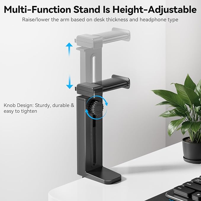 Headphone Stand Under-Desk or Headset Holder Above-Desk, Headphone Hanger & Headset Hook Under Desk Mount with Spring Clamp & Height Adjustable & Cable Clip for Gaming Gift Accessories. PC Game Headsets